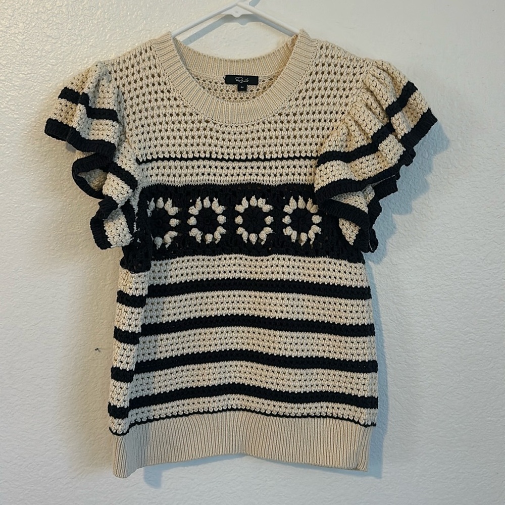 Rails Cream and Black Crochet Stripe Ruffle Sleeve Top